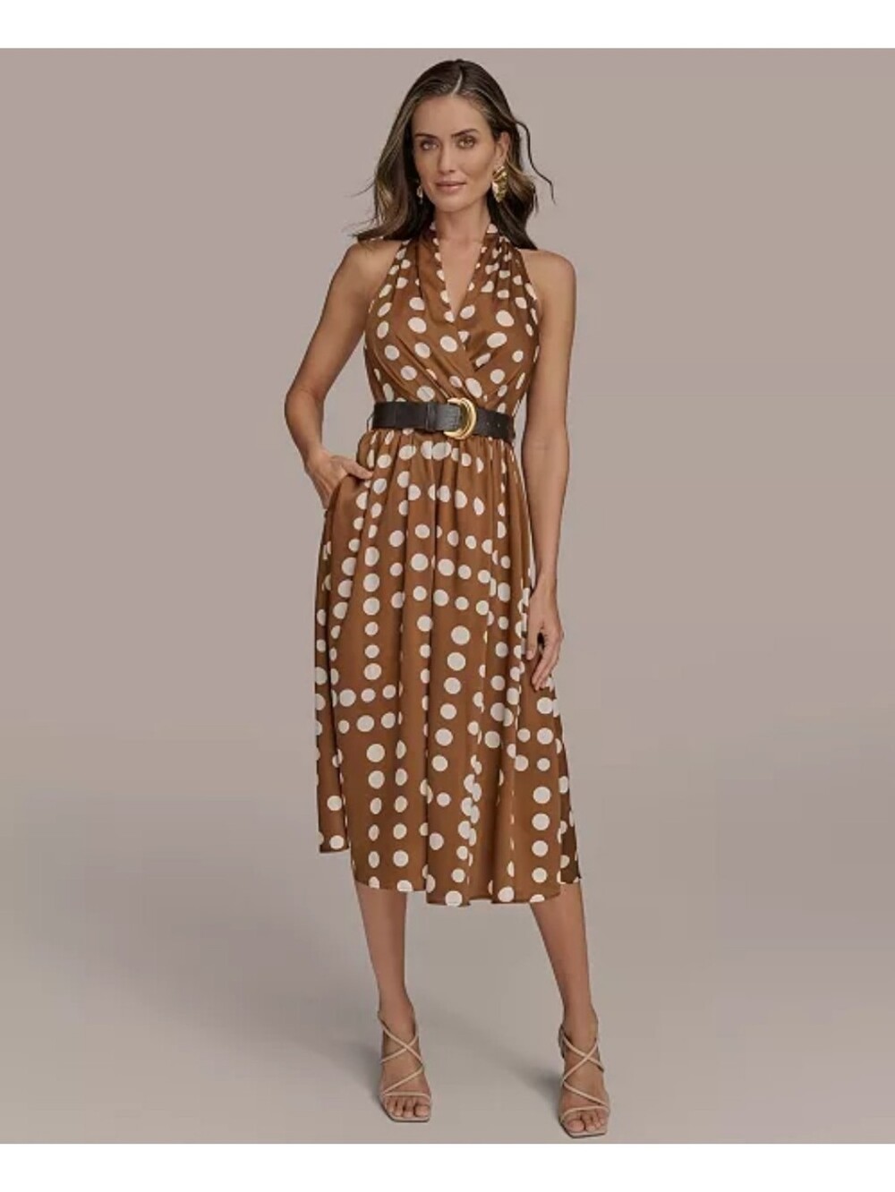 Donna Karan New York NWT Size 14 Brown Polka Dot Belted Maxi Dress $149